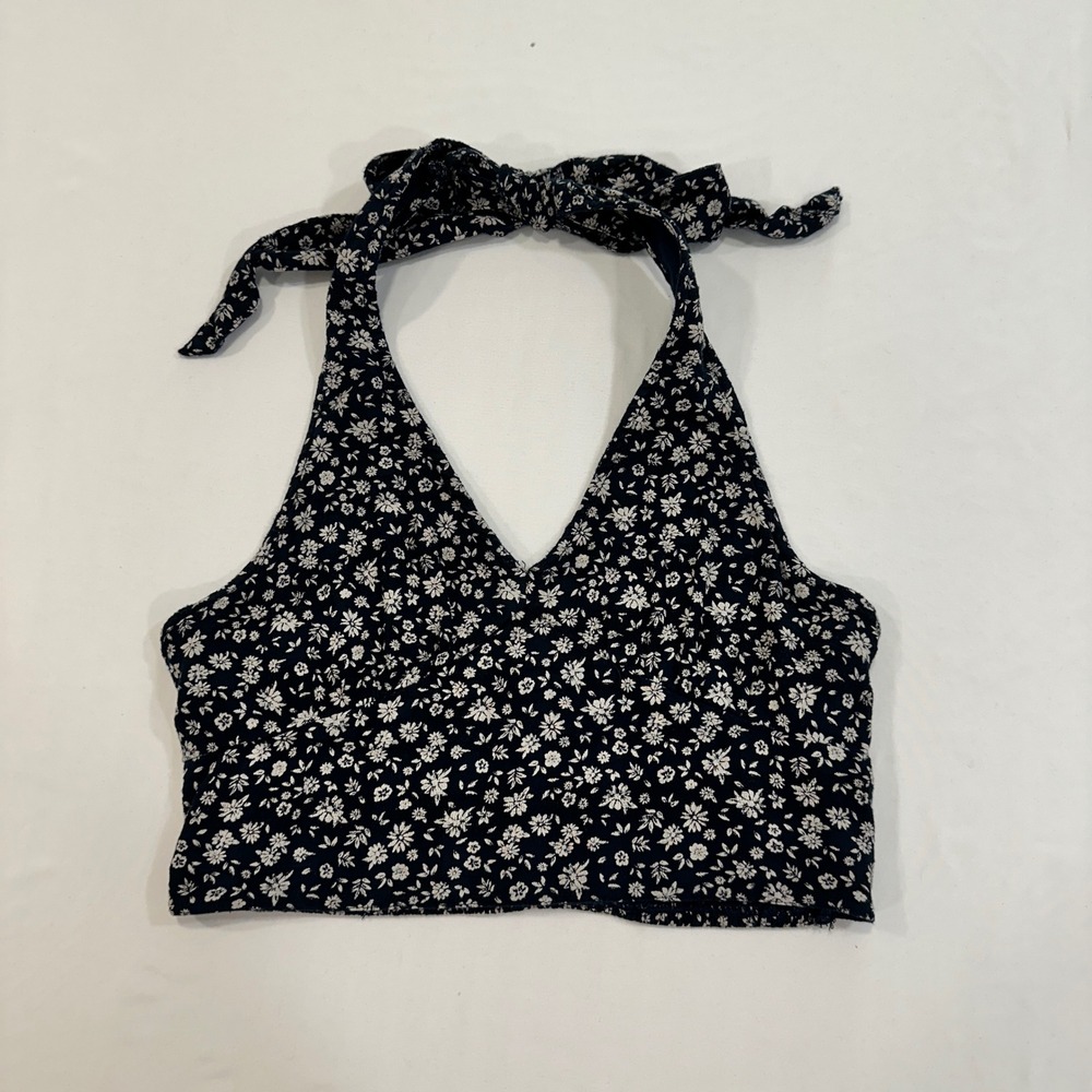 American Eagle Floral Smocked Halter Top Women XS Navy Blue Tie Neck Cottagecore